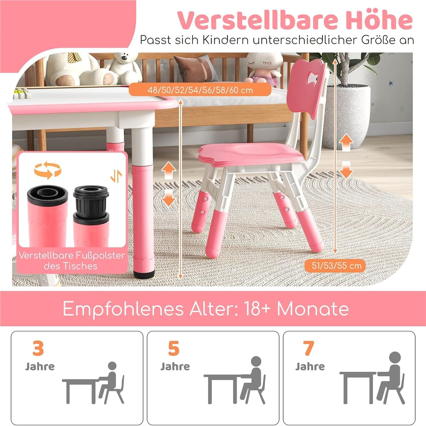 Kinder Tafel – Kindermeubelset – Speeltafel – Stoelenset – Peuter Tafel – Verstelbare Hoogte – Groot Graffiti Tafelblad – Roze
