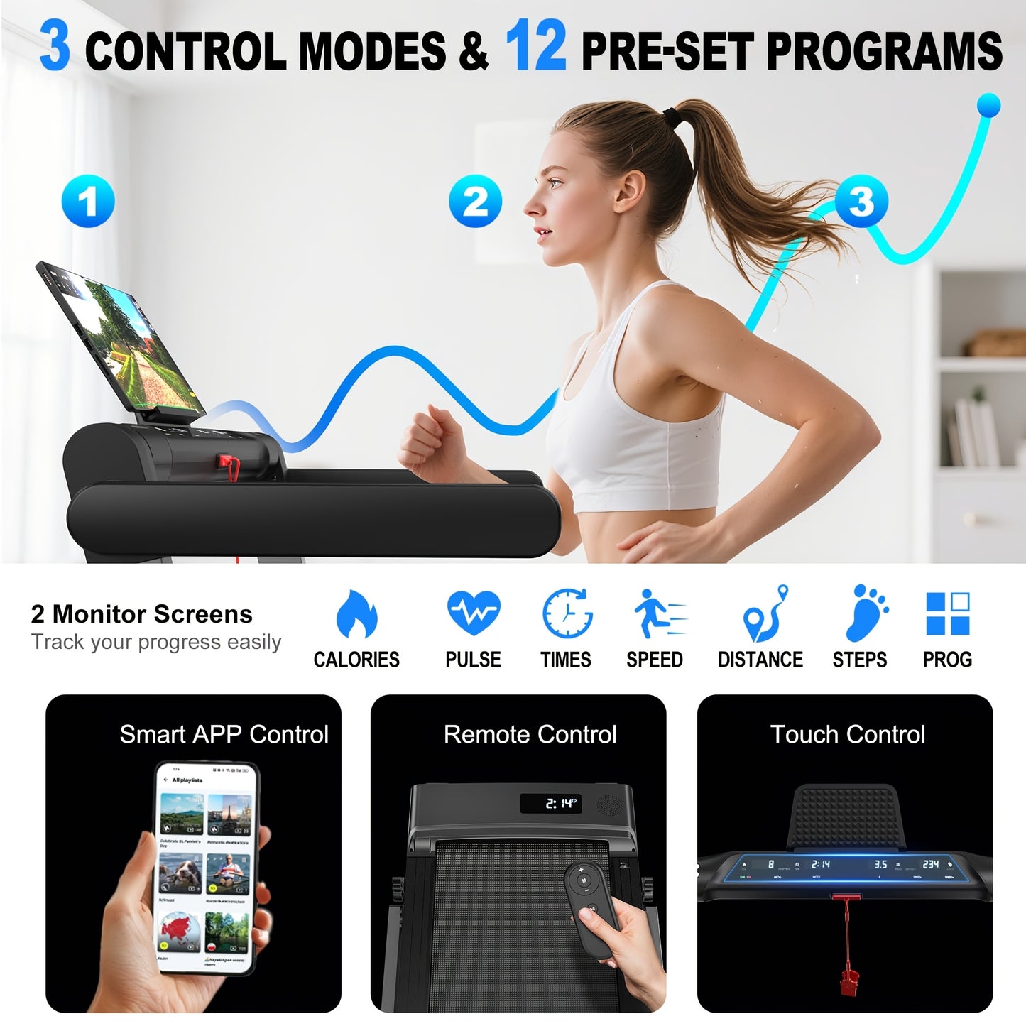 1 VOWVIT 3-in-1 Home Treadmill | High Performance up to 12 km/h, Dual LED Display, 12 Programs, Remote Control, Foldable, APP-Compatible, Aluminum Alloy, Power Supply 220V-240V, Without Battery