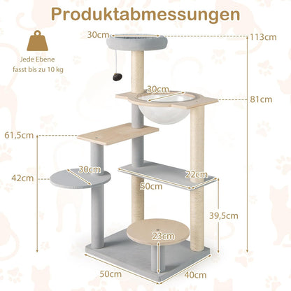 Krabpaal – Krabboom – Kattenmeubel – Klimpaal – Kattenboom – 113 cm Hoog – Stabil Multiplex Met Sisal Bekleding