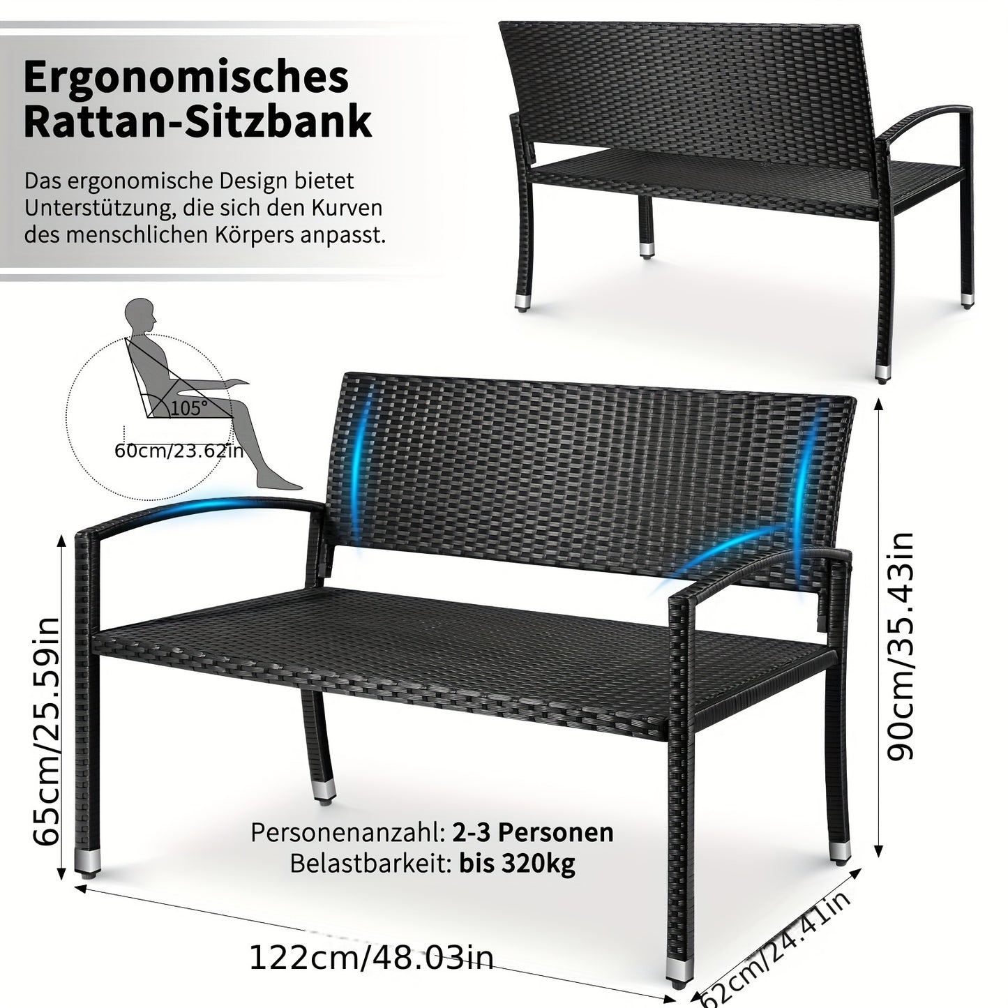 Garden Bench with Rattan, Weather-resistant Wicker Bench, 122x62x90cm, 2-seater Garden Bench, Balcony Bench, Load Capacity 320kg, Comfortable Garden Furniture Bench, Park Bench, Double-sided Rattan Bench
