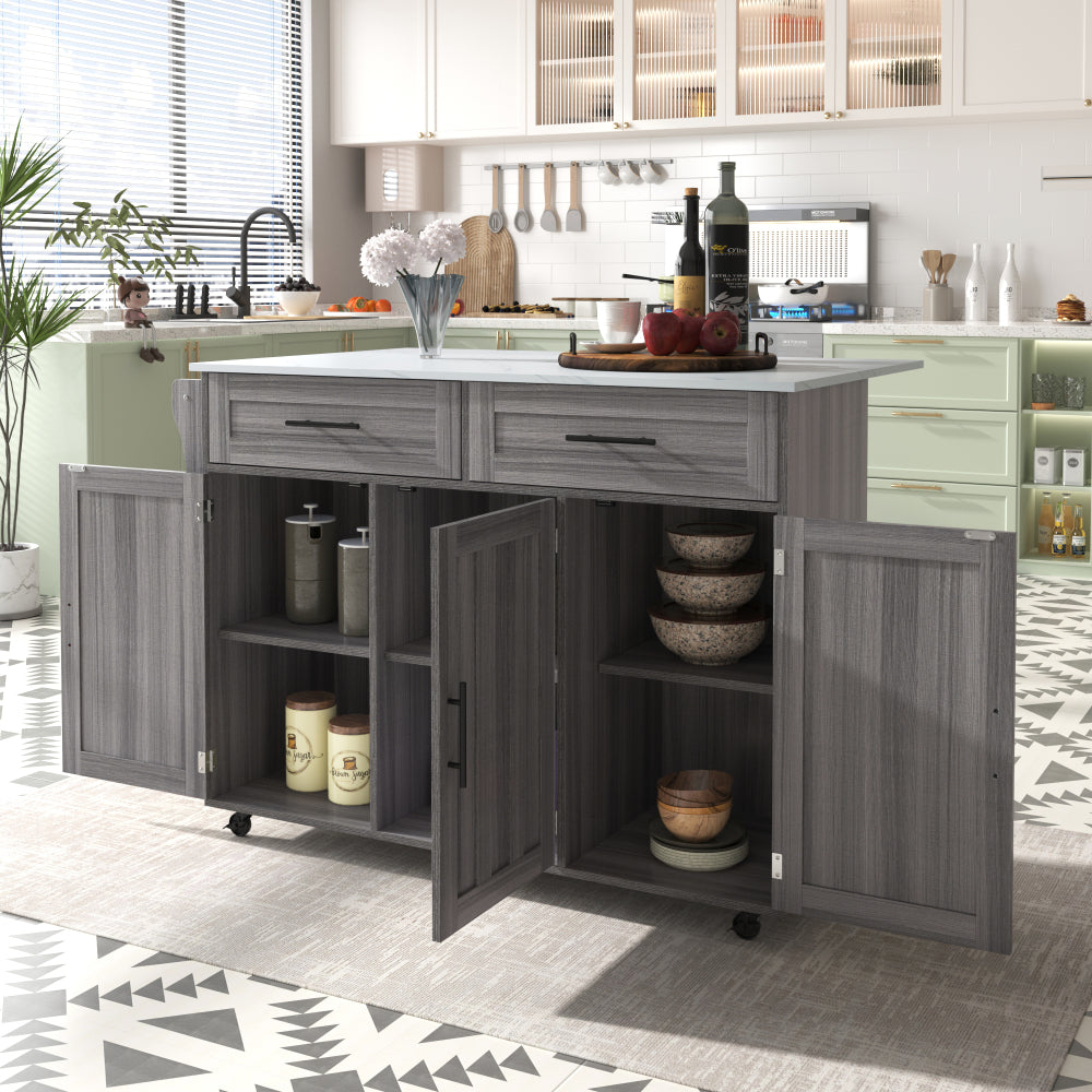 Modern White Mobile Kitchen Island with Folding-Top & Storage Cabinet, 2 Drawers & 4-Tier Shelving - 5-Wheeled Multi-Functional Furniture with Black Legs, Space-Saving Design for Small Kitchens & Dining Rooms, Easy Assembly,