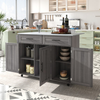 Modern White Mobile Kitchen Island with Folding-Top & Storage Cabinet, 2 Drawers & 4-Tier Shelving - 5-Wheeled Multi-Functional Furniture with Black Legs, Space-Saving Design for Small Kitchens & Dining Rooms, Easy Assembly,