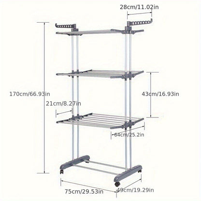 Vertical Space Saving Clothes Drying Rack - Heavy Duty Grey Silver Metal Frame, Rollable Design, 75x49x170cm Large Capacity, Suitable For Indoor/Outdoor Use (Foldable), Drying Racks