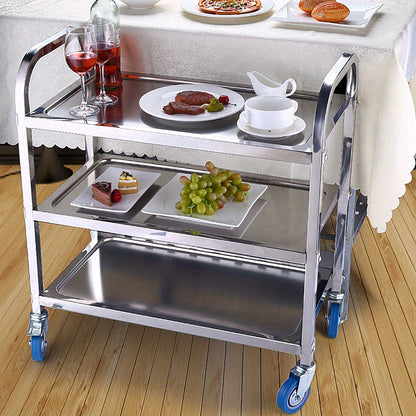 3-laagse RVS Opberghandelwagen – Opbergkar – Keukenwagen – Serveerwagen – Mobiele Opberger – Roestvrij Staal – 95x55x95 cm – Drie Verwijderbare Plateaus – Vier Wielen voor Makkelijke Verplaatsing