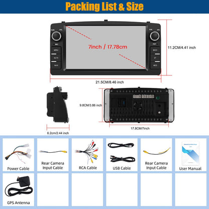 Autoradio Android 15 – 7 Inch Touchscreen – Car Multimedia Systeem – GPS Navigatie – Draadloze CarPlay & Android Auto – 4GB RAM + 64GB Opslag – AI DSP Geluidsoptimalisatie – Compatibel Toyota Corolla E120/E130 2000-2008