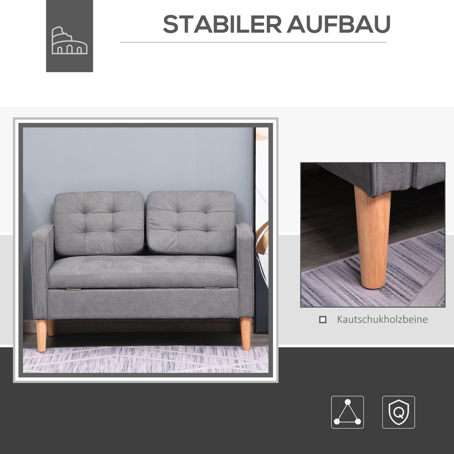 2-zitsbank – Tweezitsbank – Sofa – Loveseat – Bank – Lichtgrijs – Met Opbergruimte – Massief Houten Frame – Compacte Afmetingen 117x62x78 cm