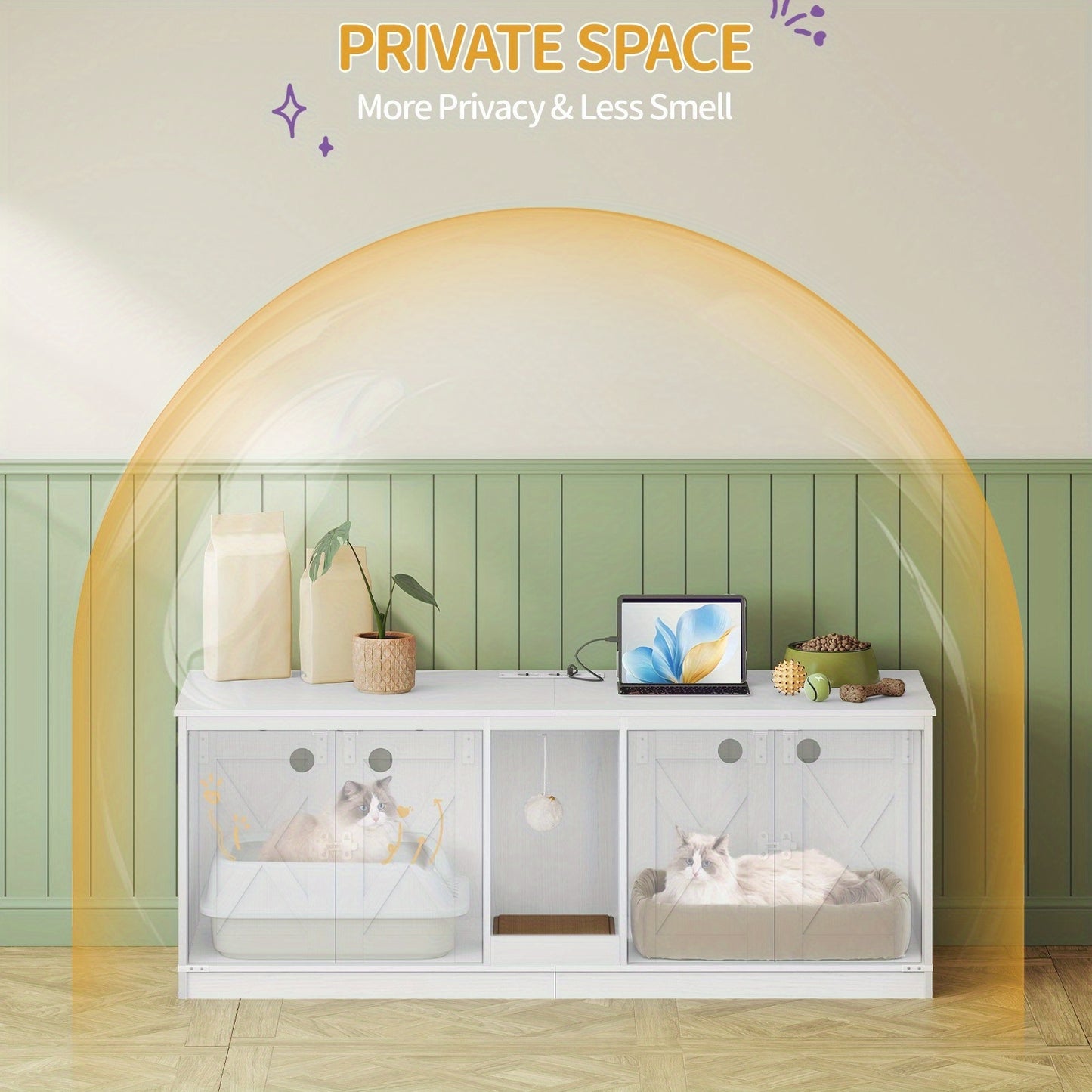 Kattenkast – Kattenbak Kast – Kattenbak Meubel – Kattenhuis – Kattenbakkast – Verborgen Kattenbak Voor 2 Katten – Hoogwaardig Wit MDF – 140 cm Breed