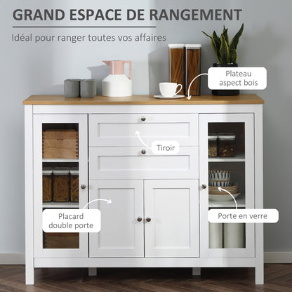 Dressoir – Buffet – Kast – Opbergmeubel – Woonkamermeubel – Wit Met Houtlook – 2 Glazen Deuren – Verstelbare Planken – 2 Lades – 1 Afsluitbare Kast – MDF En Metaal – Anti-Kantel Veiligheid