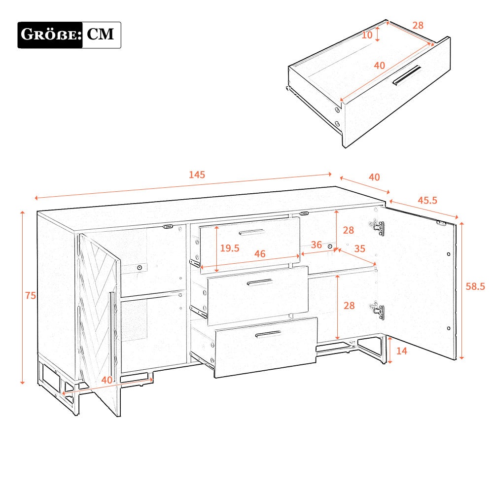 Dressoir – Opbergkast – Buffetkast – Ladekast – Wandkast – Wit – Visgraatpatroon – 2 Deuren & 3 Laden – Eigentijds Design