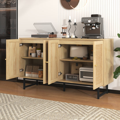 Sideboard, 140x39.5x80cm, featuring genuine rattan weave, four doors, ample storage space to meet your diverse needs, making it the ideal choice for your dining and living room furnishings.