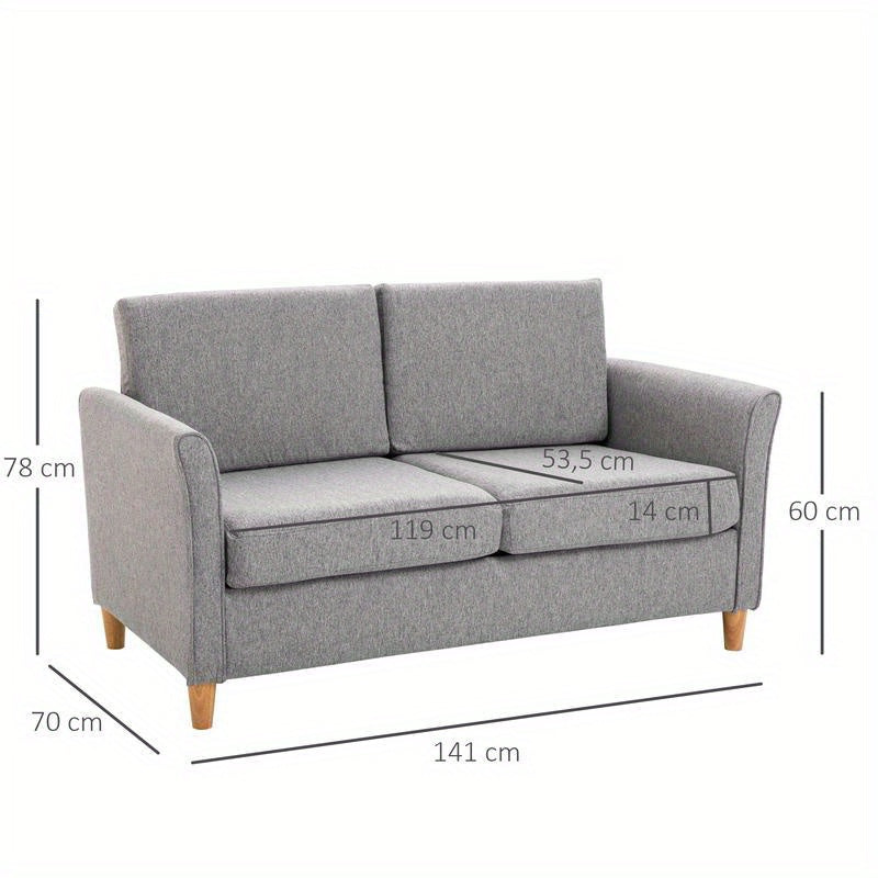 Modern Two-Seater Sofa with Removable Cushions - Thick Foam Padding & Sturdy Rubberwood () Frame, Gray -like Fabric, Easy-to-Assemble Futon Couch for Small Spaces, Apartments, Living Room, Bedroom, Office (141x70x78cm)