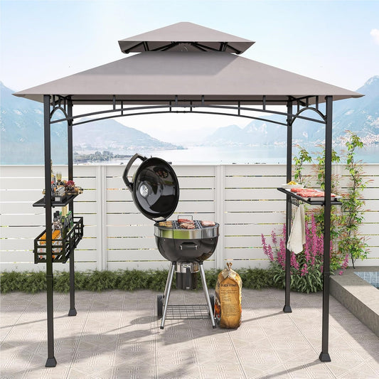 Grillpaviljoen – Barbecueoverkapping – Grill Shelter – BBQ Tent – Buitenkeuken – Dubbel Dak – Weerbestendige Polyester Kap – 242 x 153 x 250 cm – Met Zijtafels en Flessenopener – Metaalframe