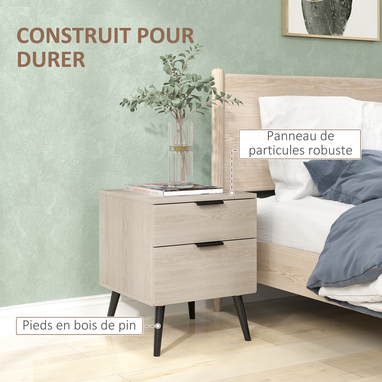 Bijzettafel Set – Nachtkastje – Bedtafel – Sidetable – Houten Tafeltje – Modern Nordic Design – 2-Lade Opbergruimte – Eikenhout Look