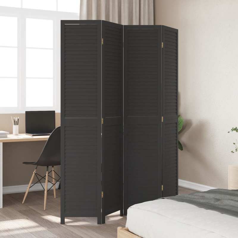 Room Divider with 4 Panels Made of Solid Black Paulownia Wood