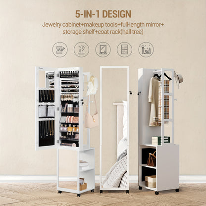 8 LED Mirror Jewelry Cabinet Armoire with Lockable Full-Length Mirror, 4-Wheel Mobile Storage Organizer with Hooks & Garment Rack - 5-in-1 Multi-Purpose Jewelry, Jewelry Armoires - QUORE