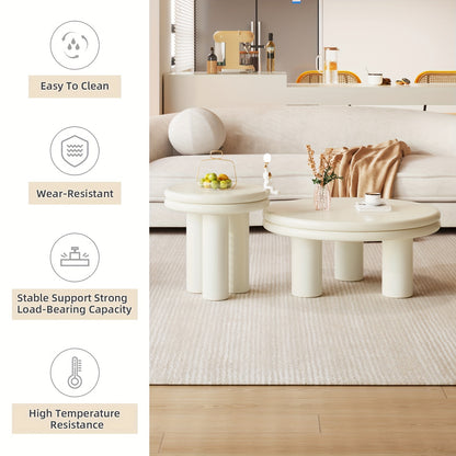 Theetafel – Salontafel – Bijzettafel – Koffietafel – Woonkamertafel – Moderne 2-delige Set – Dubbel Laags Ronde Tafelblad – Crème Wit – Ruimtebesparend & Eenvoudig Te Monteren