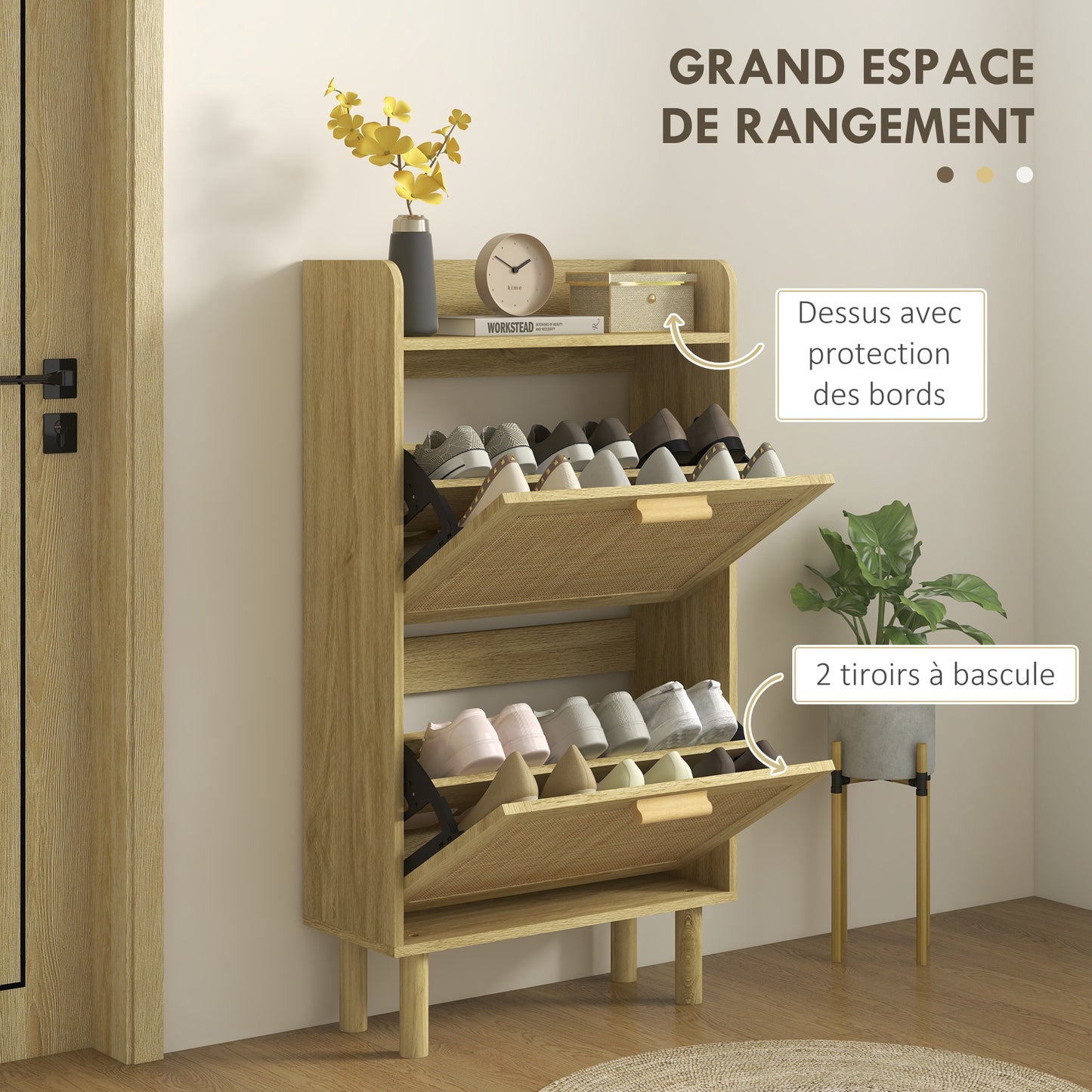 HOMCOM Shoe Rack 2-Door Cabinet 12 Pairs, Woven Rattan Effect Bohemian Design - Dimensions: 80L X 24.5W X 110H Cm Natural