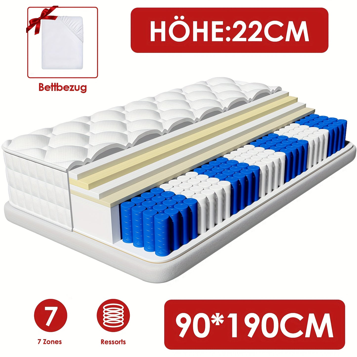 7-Zone Pocket Spring Mattress with Removable Washable Cover - 140x190cm/90x200cm, H3 Firmness Level, 22cm Height, 7-Zone Independent Springs for Motion Isolation & Support, Breathable Design, No Power Required, Ideal for Adul