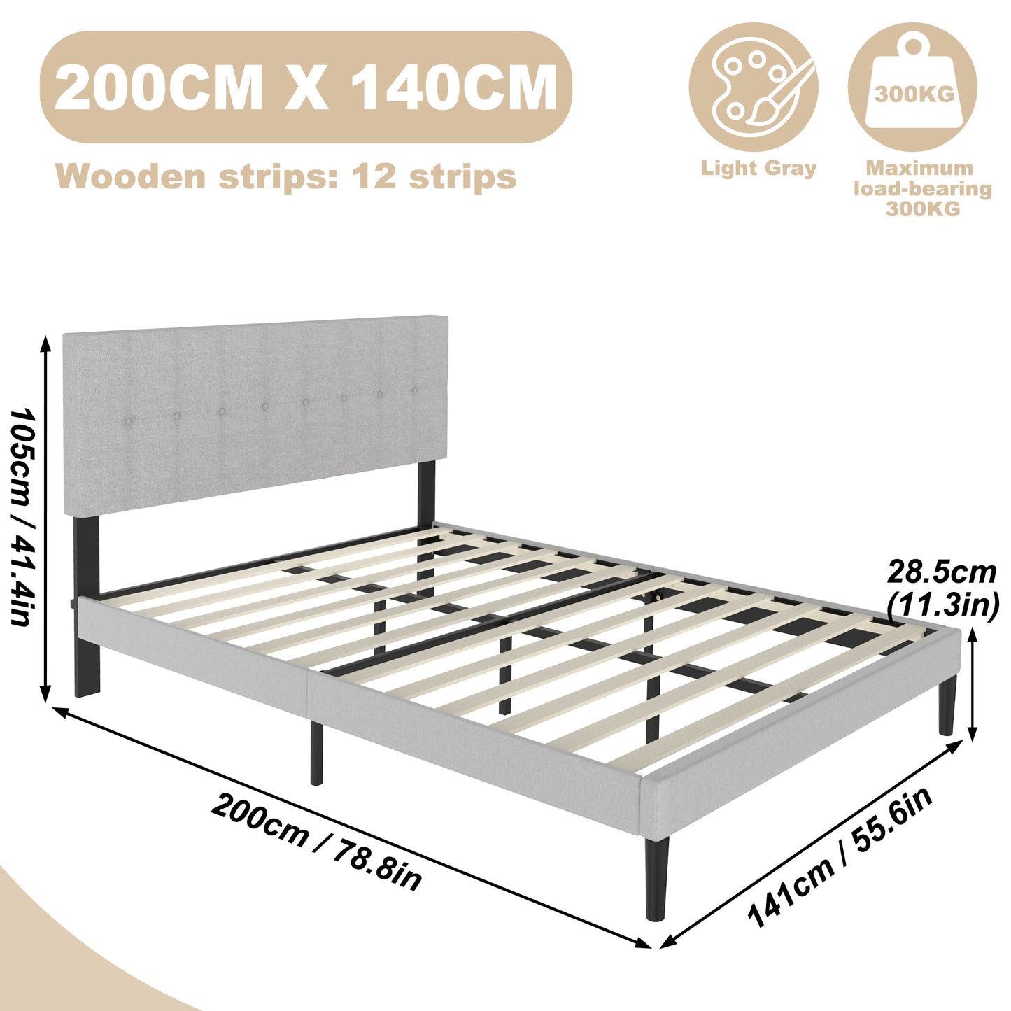 Bedframe – Gestoffeerd Bed – Tweepersoonsbed – Lattenbodem – Slaapbank – Linnen Hoofdbord – Stevig MDF & Massief Hout – Geschikt voor Matras 140x200 cm