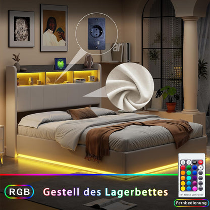 Opbergbed – Tweepersoonsbed – Bed Met Opbergruimte – Storage Bed – Bed Met Hoofdbord 160 x 200 cm – Hydraulisch Tilmechanisme – Ingebouwde USB Oplaadstation