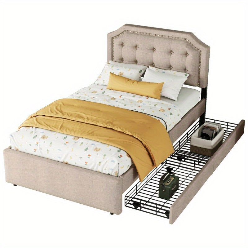Bedtafel – Nachtkastje – Bedmeubel – Bedzijtafel – Opbergtafel – 90x200 cm – Donker Beige Met Dubbele Lades En Decoratieve Studs