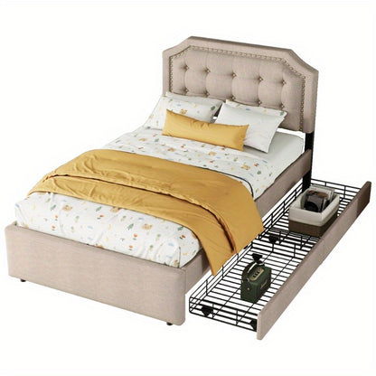 Bedtafel – Nachtkastje – Bedmeubel – Bedzijtafel – Opbergtafel – 90x200 cm – Donker Beige Met Dubbele Lades En Decoratieve Studs
