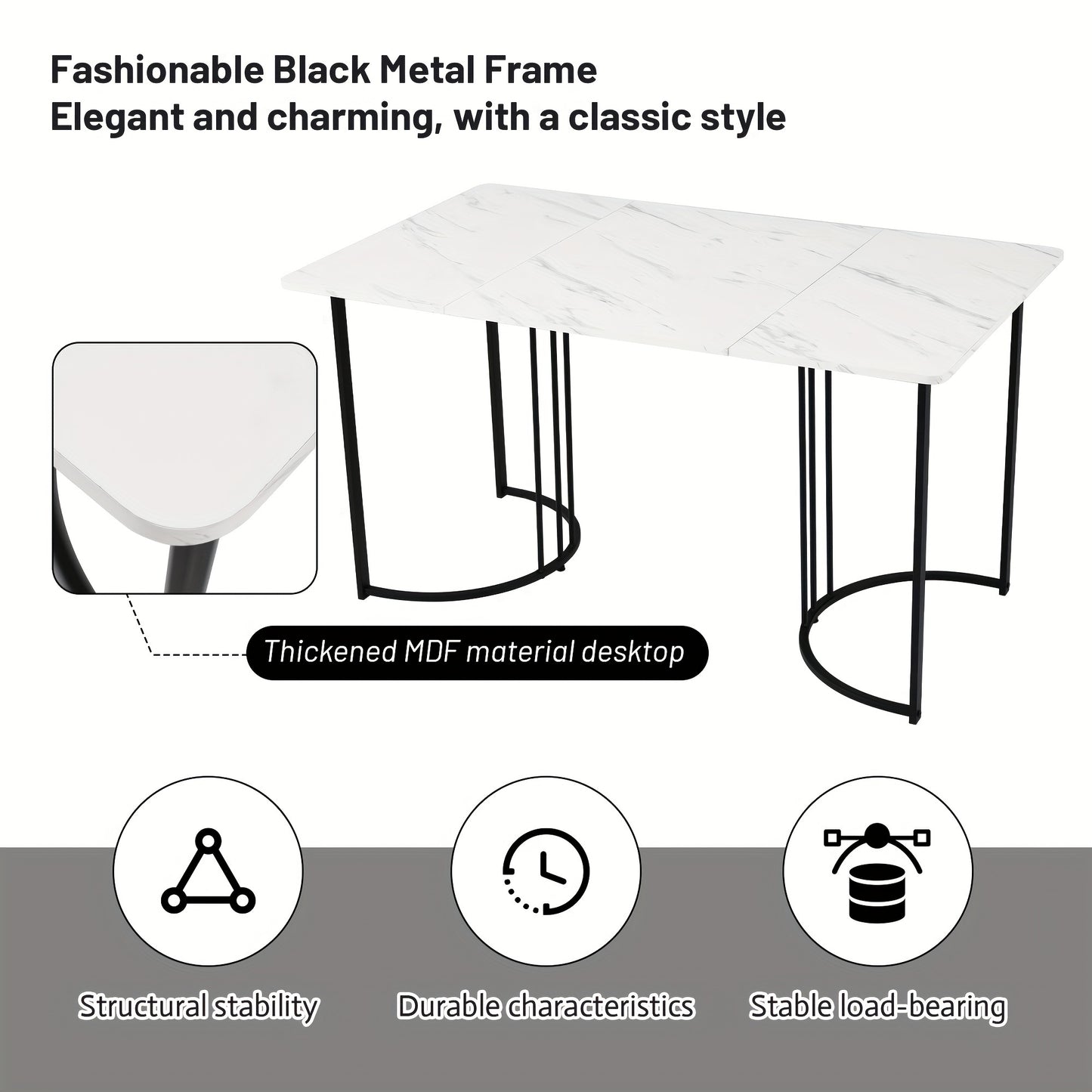 Eettafel – Tafeltje – Keukentafel – Diner tafel – Eetkamertafel – Rechthoekig – MDF Marmerpatroon – Verstelbare Metalen Poten