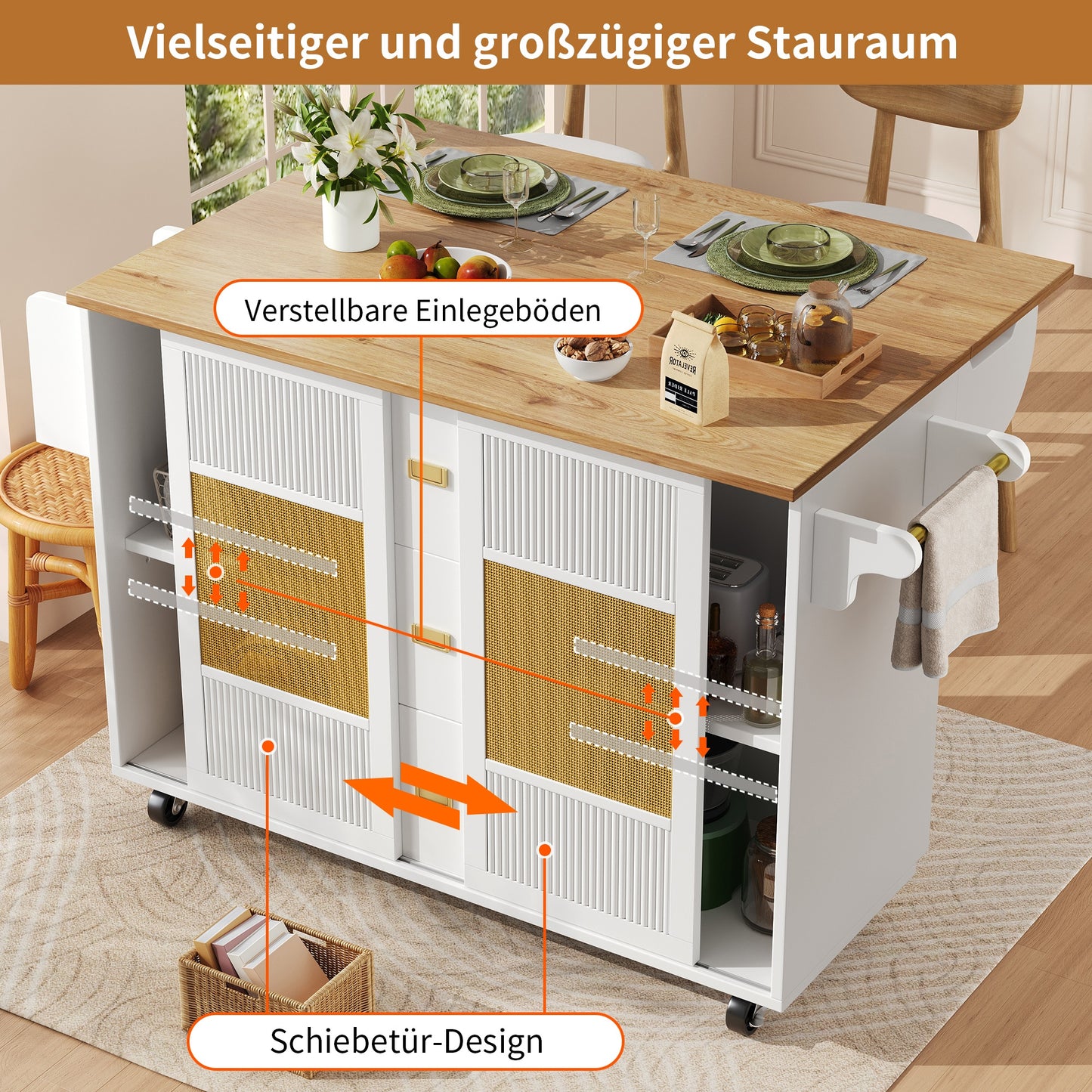 Keukenkar – Keukenwagen – Keukentrolley – Keukenmeubel – Keukenbuffet – Uitklapbaar Werkblad – Rattan Deuren Wit 146,85×42/70×90 cm