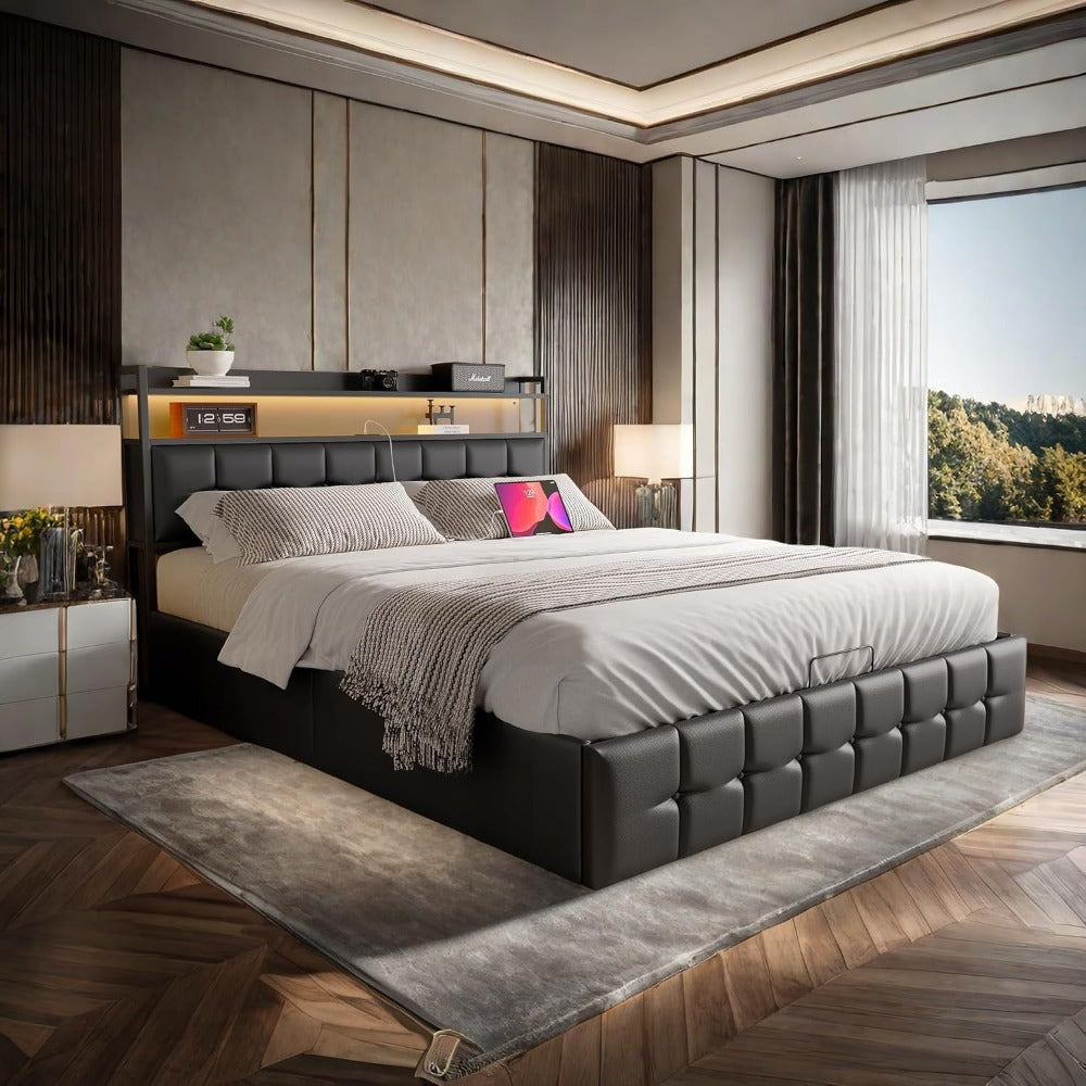 Double Upholstered Bed, 160 X 200 Cm, with LED And Storage Space, Headboard, Hydraulic Bed Frame, with Storage Space And Slatted Base, Without Mattress (Grey Linen, 160 X 200 Cm)