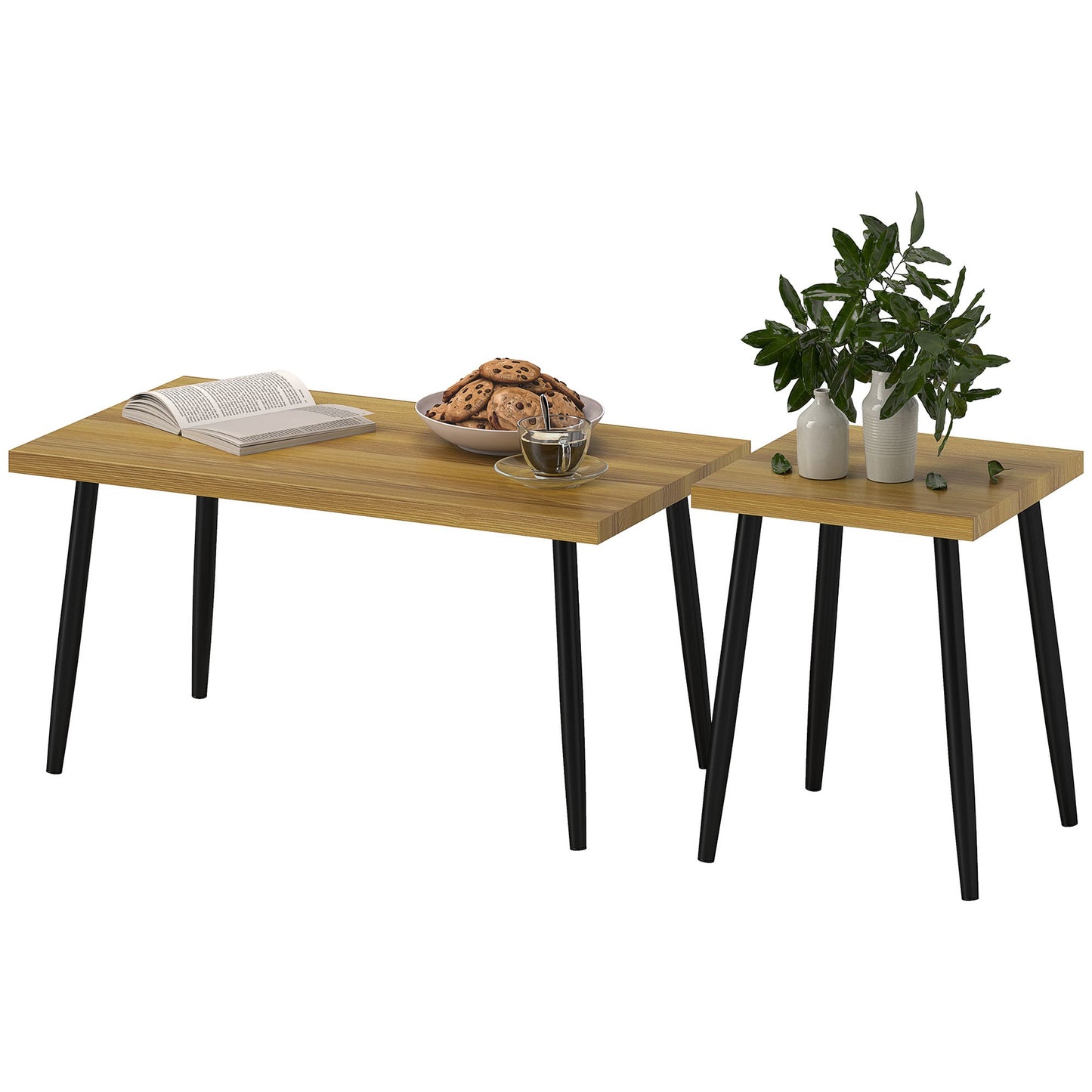 Koffietafelset – Salontafel – Bijzettafel – Woonkamertafel – Sofa Tafel – 2-delig – Metalen Frame & Natuurlijk Houten Blad