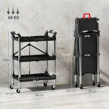 Gereedschapswagen – Werkplaatswagen – Trolley – Gereedschapstrolley – Opvouwbare kar – 3 Lagen Opbergruimte – Duurzaam Kunststof en Staal – Zwart