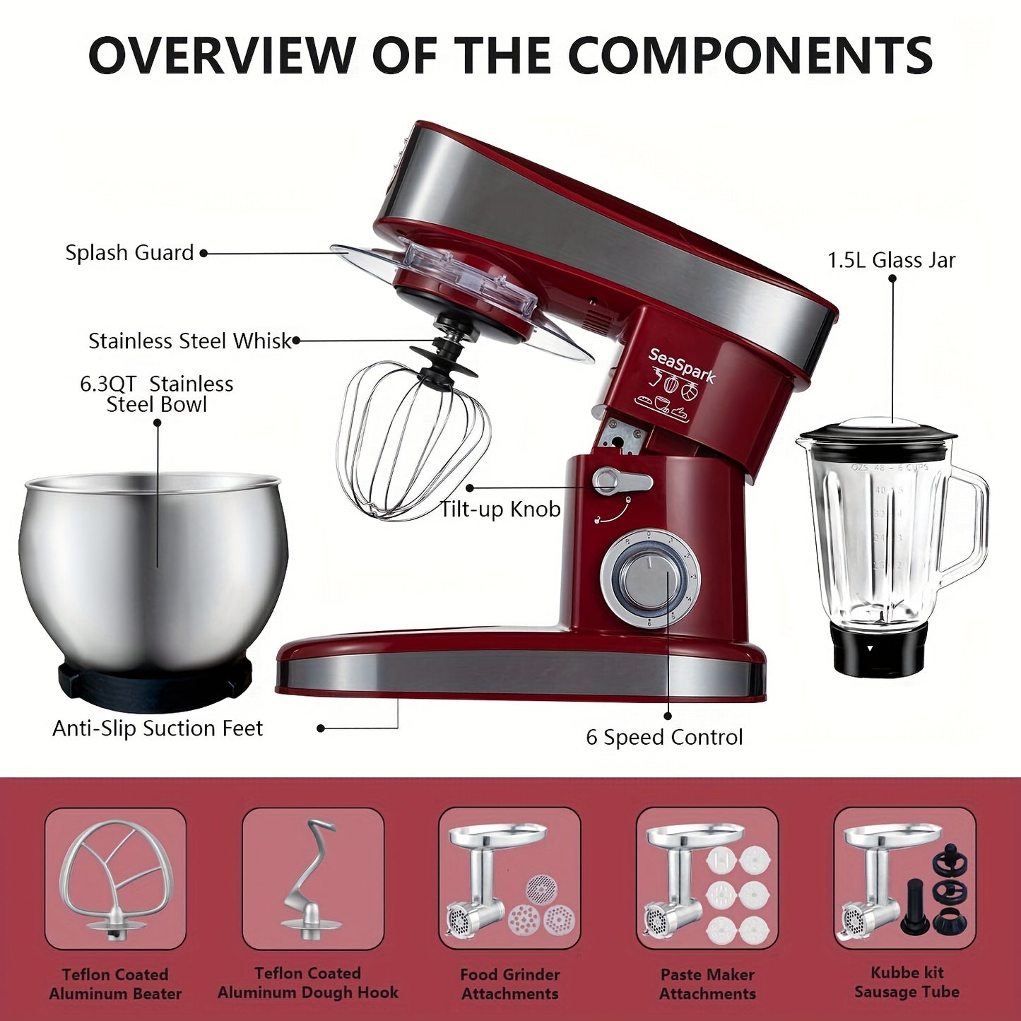 Keukenmachine – Keukenrobot – Foodprocessor – Keukenmixer – Keukenhulp – 6,3L RVS Mengkom – 6 Snelheden met Pulsefunctie – Rood