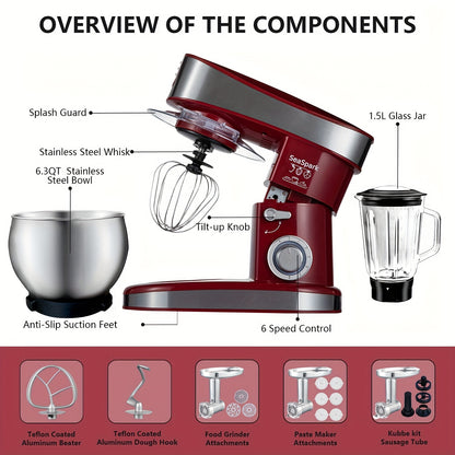 Keukenmachine – Keukenrobot – Foodprocessor – Keukenmixer – Keukenhulp – 6,3L RVS Mengkom – 6 Snelheden met Pulsefunctie – Rood