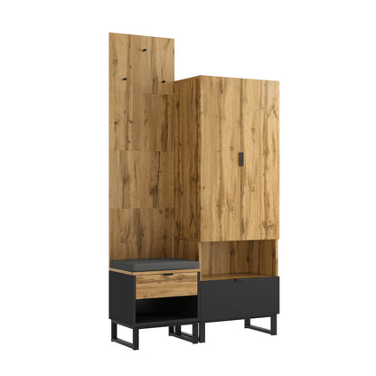 Kledingkast – Houten Kast – Vrijstaande Opbergkast – Schoenenkast – Garderobekast – Compact Design – Massief Hout Met Schoenenbank En Kussens