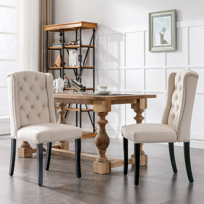 Eetkamerstoel – Dining Stoel – Kuipstoel – Keukenstoel – Fauteuil – Velvet Bekleding – Eikenhouten Poten met Chroom – Nailhead Details – Beige – Set van 2