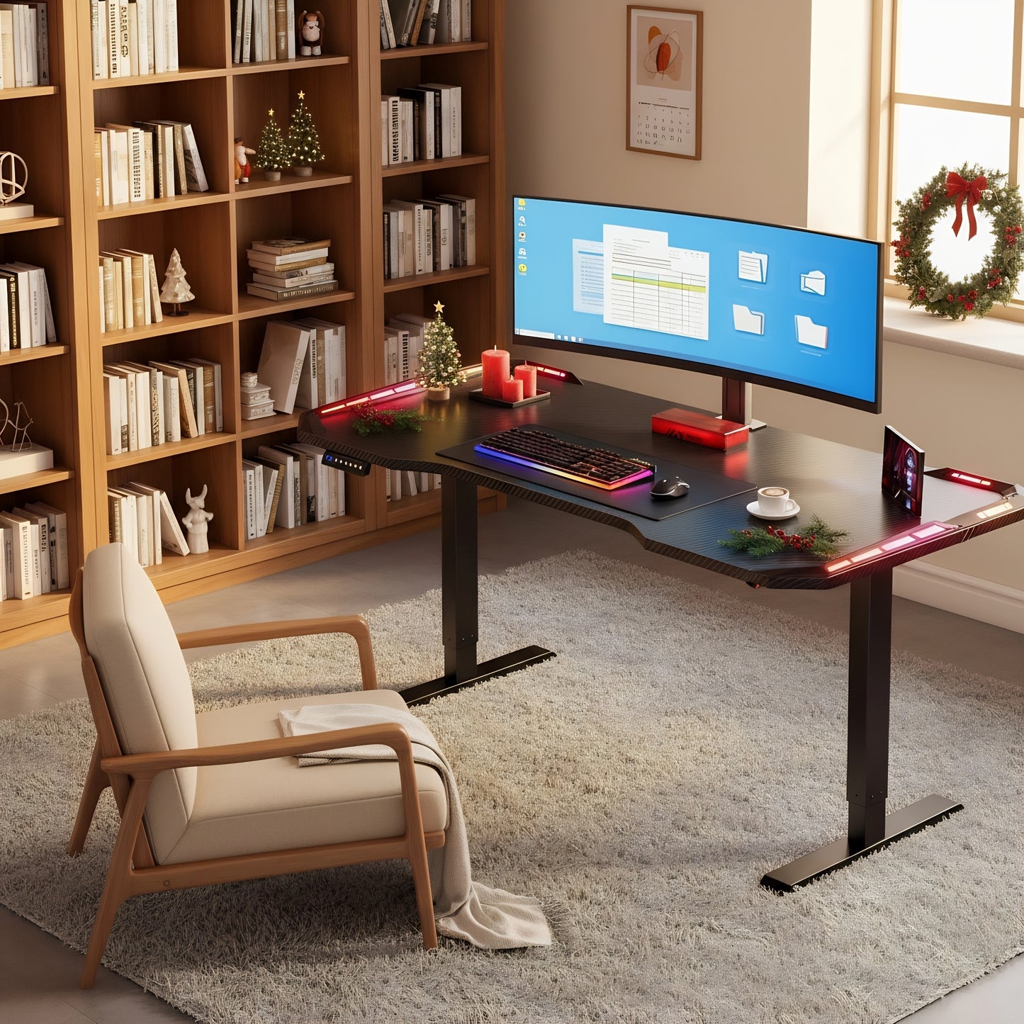 Verstelbaar Elektrisch Zit-Sta Bureau – Elektrisch Bureau – Sta Bureau – Gaming Bureau – Computerbureau – Carbon Fiber Bureaublad – XXL Muismat – Hoek Instelbaar 71-113 cm Hoogte