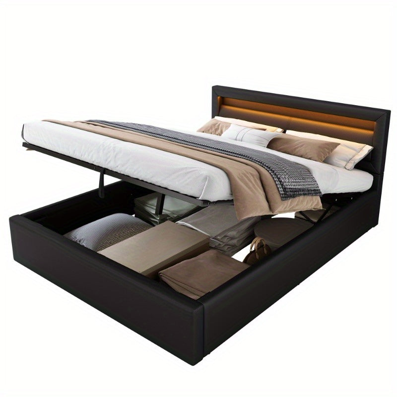 Gestoffeerd Tweepersoonsbed – Opbergbed – Bedframe – Platformbed – Slaapkader – 140x200 cm – Stevig Metaal & Luxe Linnen Hoofdbord