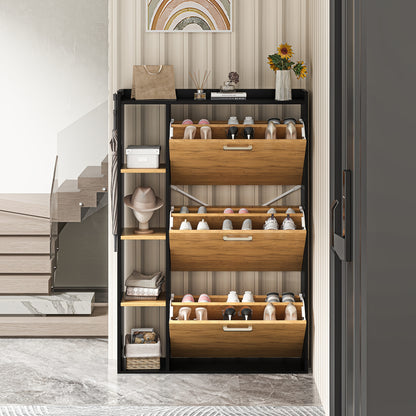3-Deurs Schoenenkast – Smalle Schoenenopberger – Schoenenrek – Schoenenkast – Halmeubel – Hardhouten Materiaal – Anti-Kantelmechanisme – Mat Zwarte Afwerking