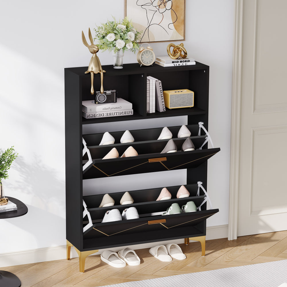 Schoenenkast – Schoenenrek – Schoenenopberger – Halmeubel – Schoenenbankje – Ruimtebesparend – 2 Klapdeuren met 4 Vakken – Duurzaam Niet-Houten Materiaal – Modern Zwart-Wit – 80x25x117 cm