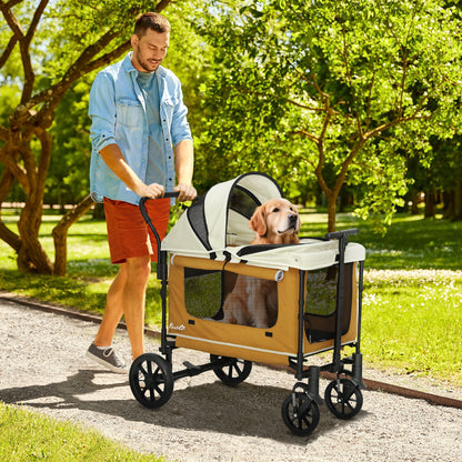 Opvouwbare Hondenwagen – Hondenbuggy – Huisdierenwagen – Wandelwagen – Dierenbuggy – Bruin – Geschikt Voor Huisdieren Tot 30 Kg – Ruim En Comfortabel Interieur 110x65x102 cm