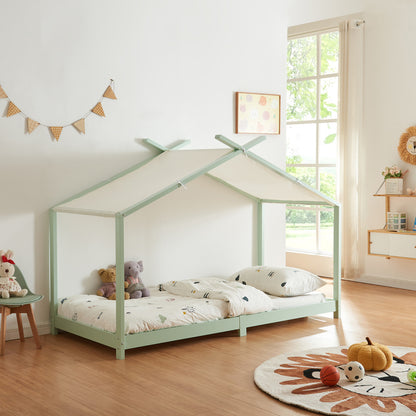 Kinderbed Huisbed – Bedhuisje – Kids Bed – Speelbed – Jongensbed – Mintgroen – 90 x 200 cm – Massief Dennenhout – Afneembaar Stoffen Dak