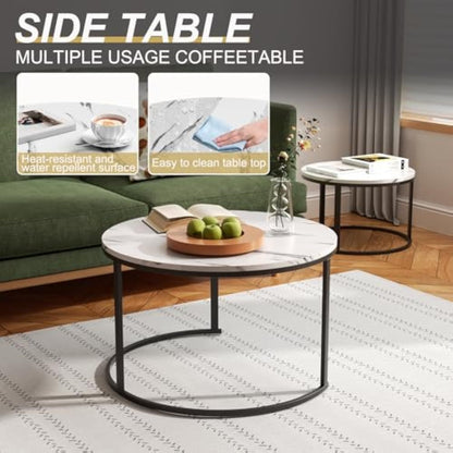 Salontafel – Salontafels – Bijzettafel – Koffietafel – Woonkamertafel – Set van 2 – Rond – Houtfineer Marmerlook – Zwart Metalen Frame