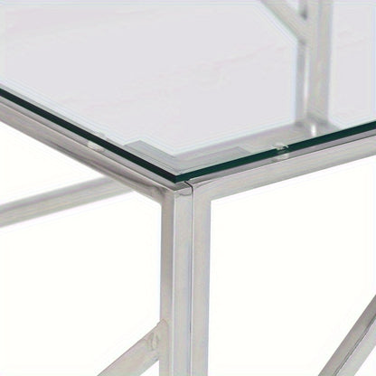 Salontafel – Bijzettafel – Woonkamertafel – Koffietafel – Tafeltje – Roestvrijstaal Frame – Gehard Glas – Zilverkleurig – Stevig & Duurzaam – Compact Formaat