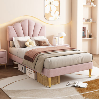 Eenpersoonsbed – Eenpersoonsbedden – Kinderbed – Opbergbed – Slaapbank – Gestoffeerd Roze Fluweel – Verstelbaar Schelpvormig Hoofdbord – Lattenbodem Hout 90x200 cm