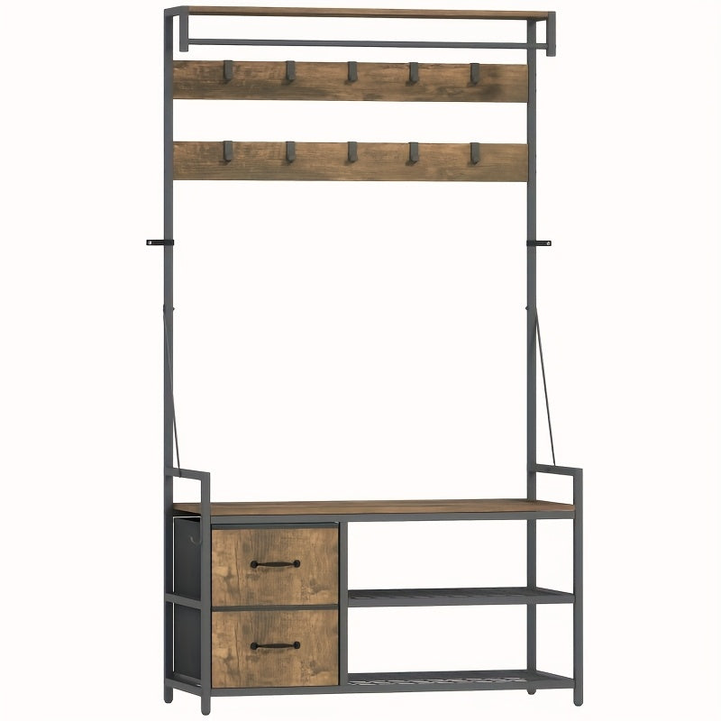 Kapstok – Staande Kapstok – Garderoberek – Kapstok Met Schoenenrek – Kapstok Met Bank – Industrieel Design – Zware Metalen Constructie – 10 Haken & 2 Stoffen Lades