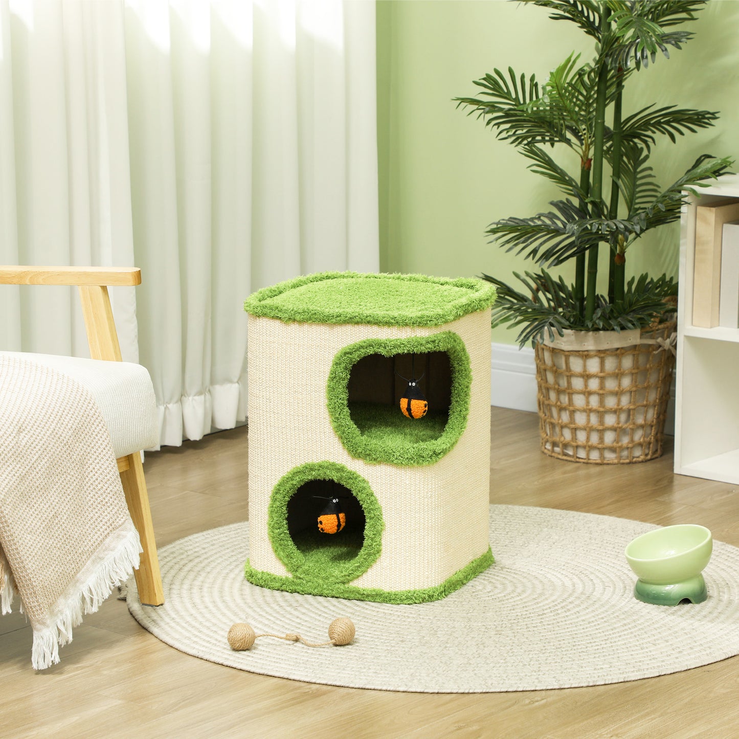 Krabpaal – Krabmeubel – Kattenboom – Kattenkrabpaal – Kattenhol – 52 cm – Fluwelen Kattenhol – Duurzaam Kraboppervlak – Speeltje – Groen/Crème