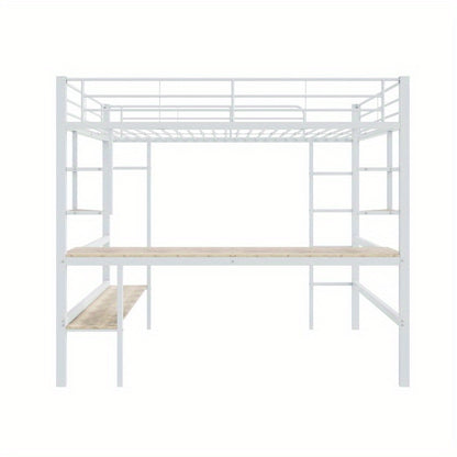 Hoogslaper 140x200 – Stalen Bedframe – Metaalbed – Kinderbed – Tienerbed – Wit Frame – Ingebouwd Bureau & Grote Boekenkast – 4 Kleine Plankjes