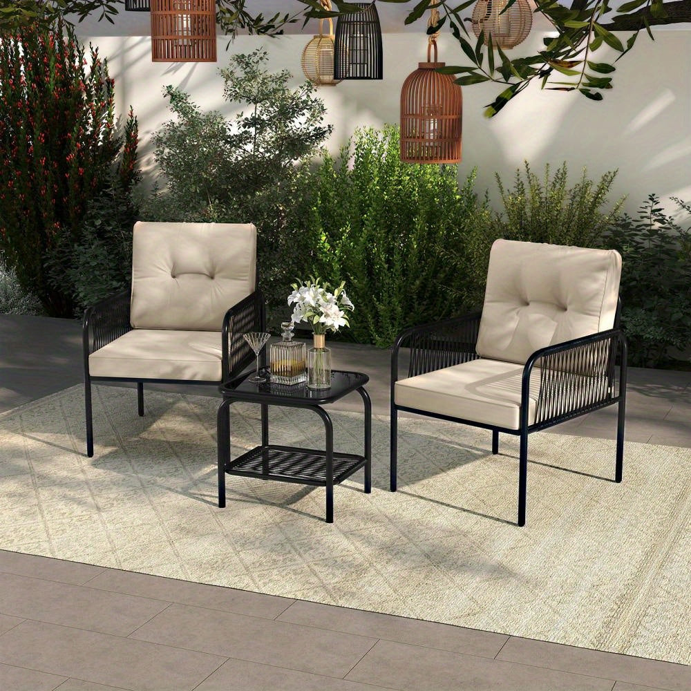 Bistroset – Balkonset – Tuinmeubel – Tuintafel Set – Buitenmeubels – PE Rattan – Tempered Glas Tafel – Comfortabele Kussens