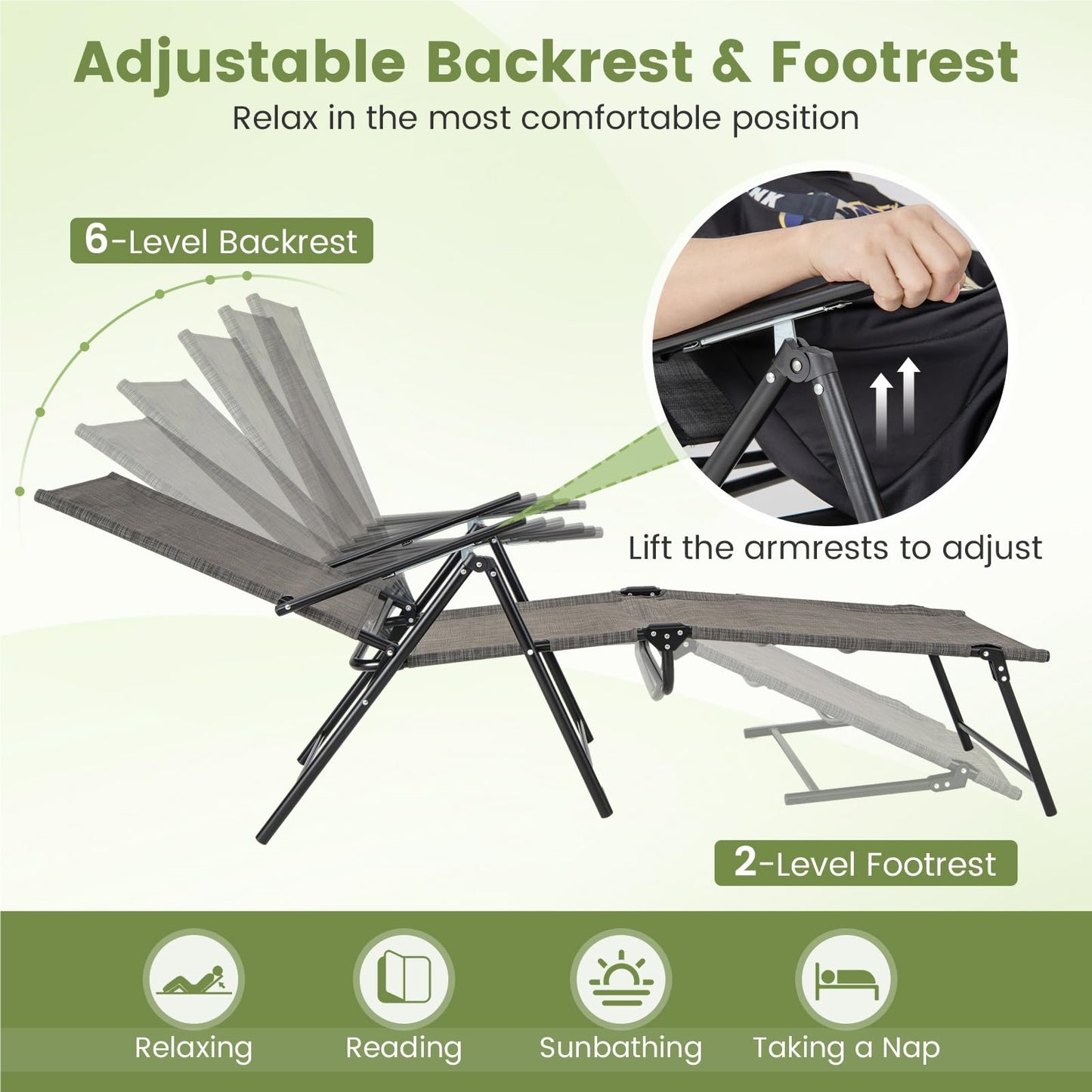 Tuinstoelen – Ligstoelen – Tuinbanken – Ligbedden – Buitenstoelen – Verstelbare Rugleuning – Stevig Metalen Frame – Zwart