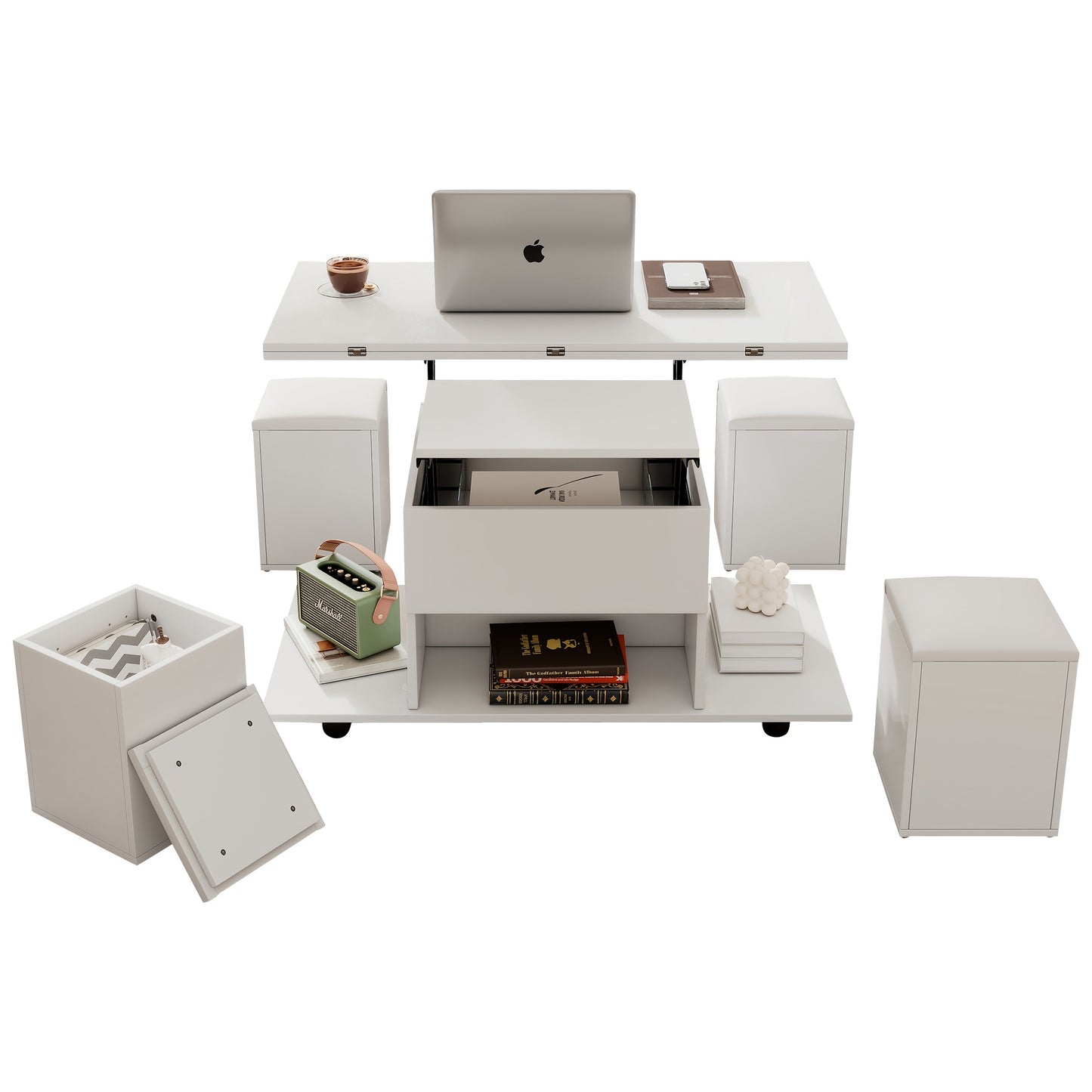 Salontafel – Woonkamertafel – Koffietafel – Bijzettafel – Tafel Met Opbergruimte – Modern Wit – Verstelbaar Blad – Lift-Top Mechanisme – Met 4 Krukken – Duurzame Metalen Constructie